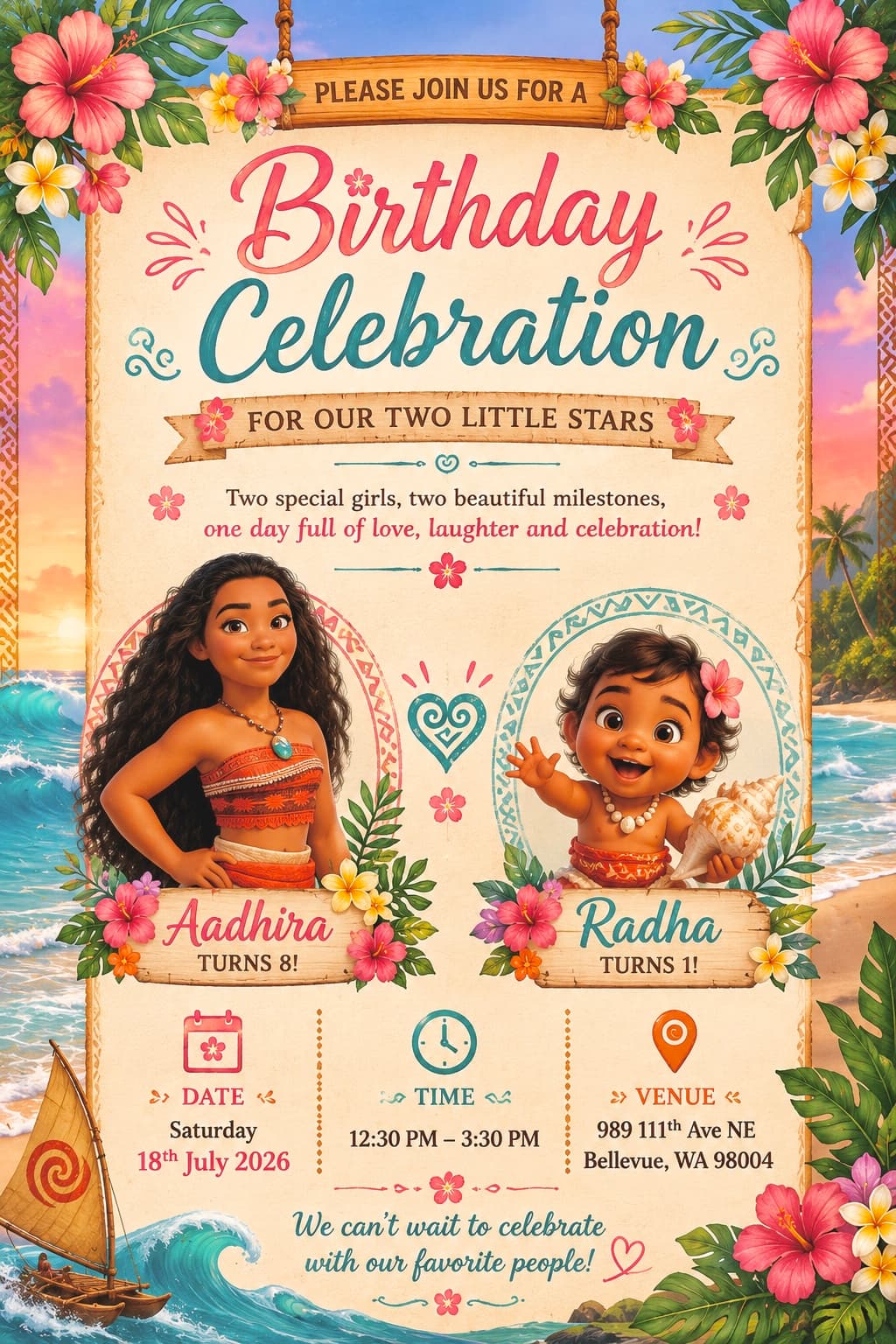 Birthday celebration invitation for Aadhira and Radha — 18th July 2026 at 989 112th Ave NE, Bellevue, WA 98004